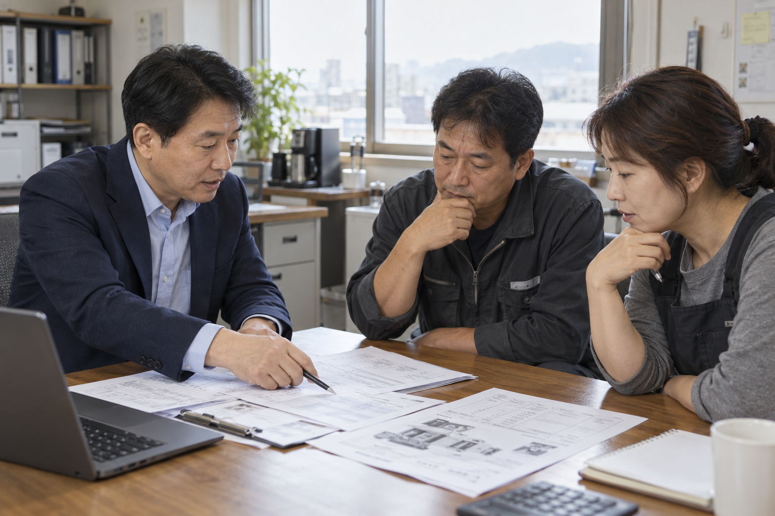 기업 담당자들과 재무 서류를 살펴보는 가상의 상담 장면